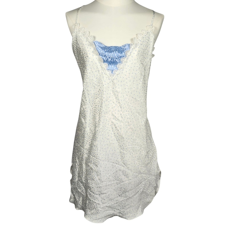 Blanche Chemise Nightgown Small White Blue Polka Dot Lace Trim Coquette Vintage